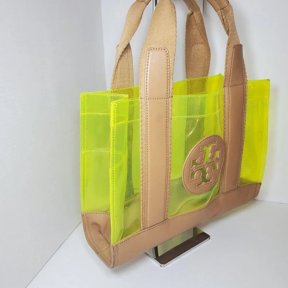 Rare Tory Burch Jesse Leather Clear Neon Yellow Dbl Handle Bag Mini Tote